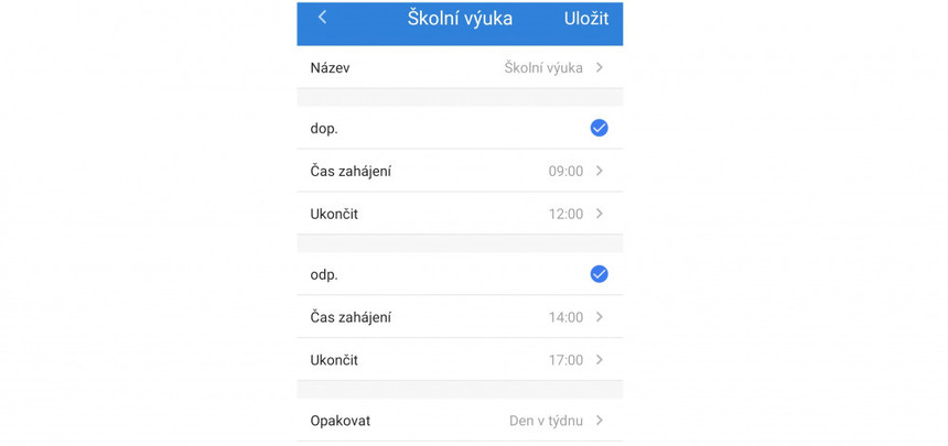 V sekci Školní výuka je možné nastavit konkrétní dobu, kdy hodinky nebudou dítě rozptylovat