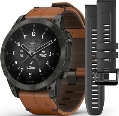 Garmin Epix 2 Sapphire, Titan Black / Brown Leather Band (Premium) (+ náhradní řemínek)